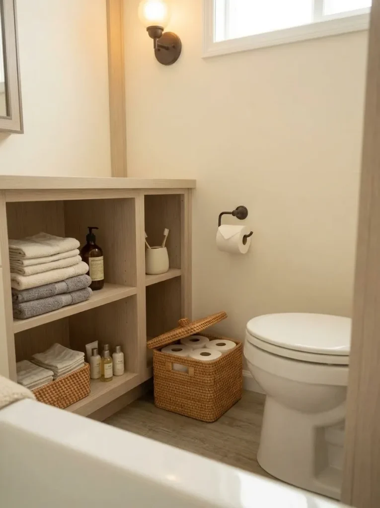 Small toilet-paper refill zone beside the toilet in an organized mobile home bathroom.