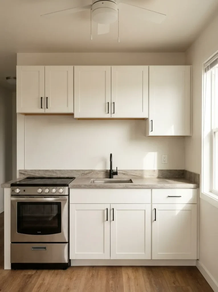 One-wall mobile home kitchen with a softly veined countertop paired with a quiet neutral backsplash and warm white cabinets