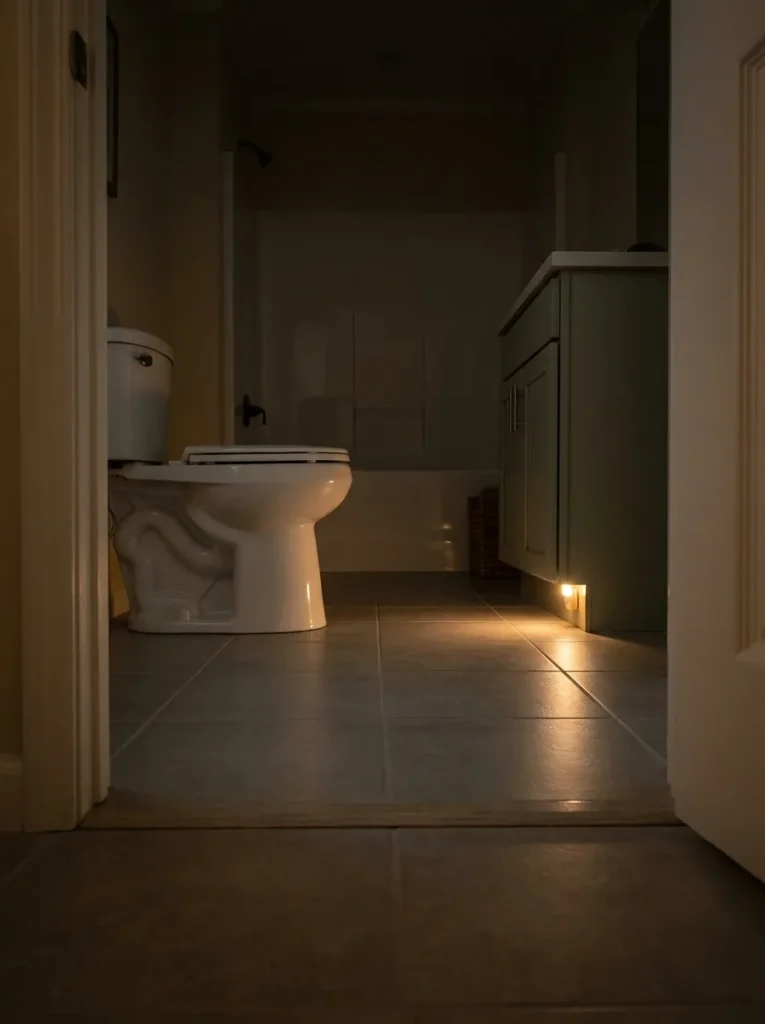 Low-level warm night lighting defines the bathroom threshold and walking route without full overhead brightness.