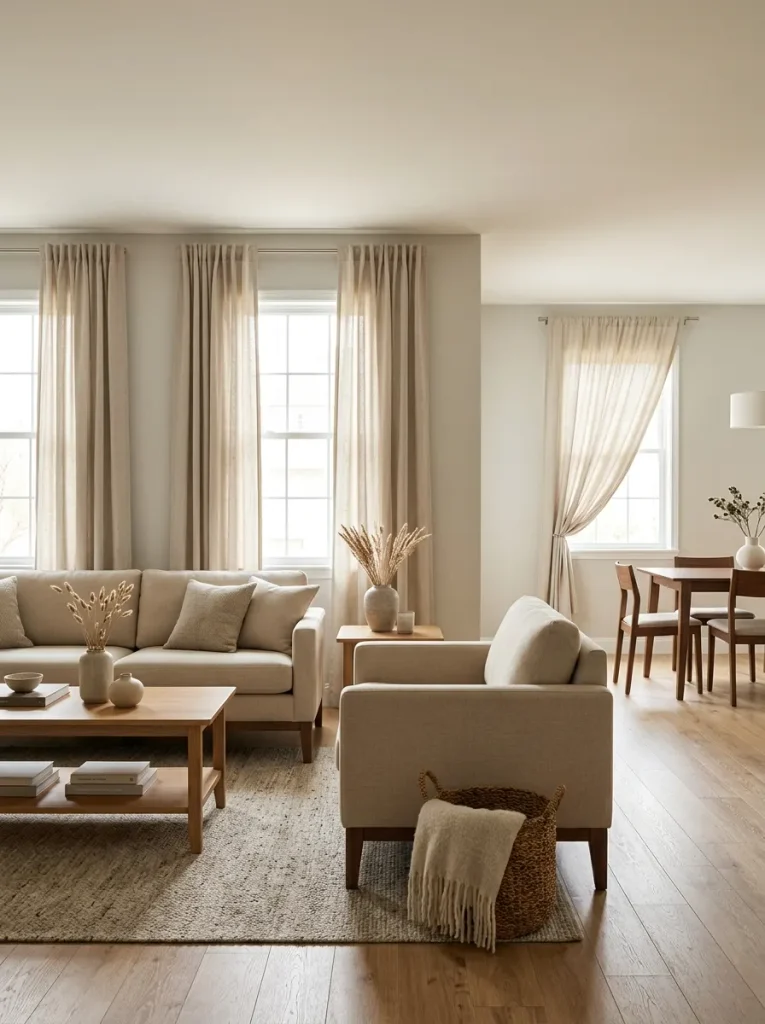 Coordinated linen curtains defining the living-room windows while a related treatment continues into the adjacent dining area.