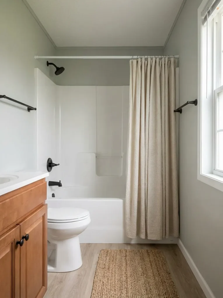 Calm neutral shower curtain blending with a white surround in a small mobile home bathroom.