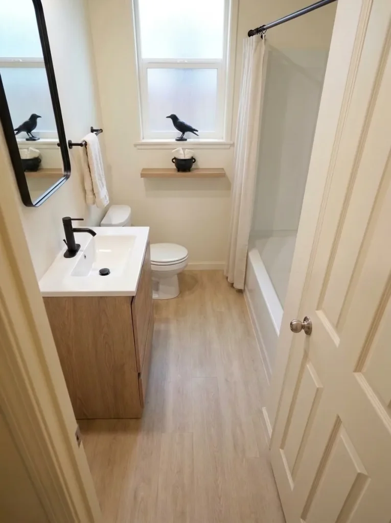 Oblique shelf-height view of folded ivory washcloths inside a small black cauldron bowl above the toilet.