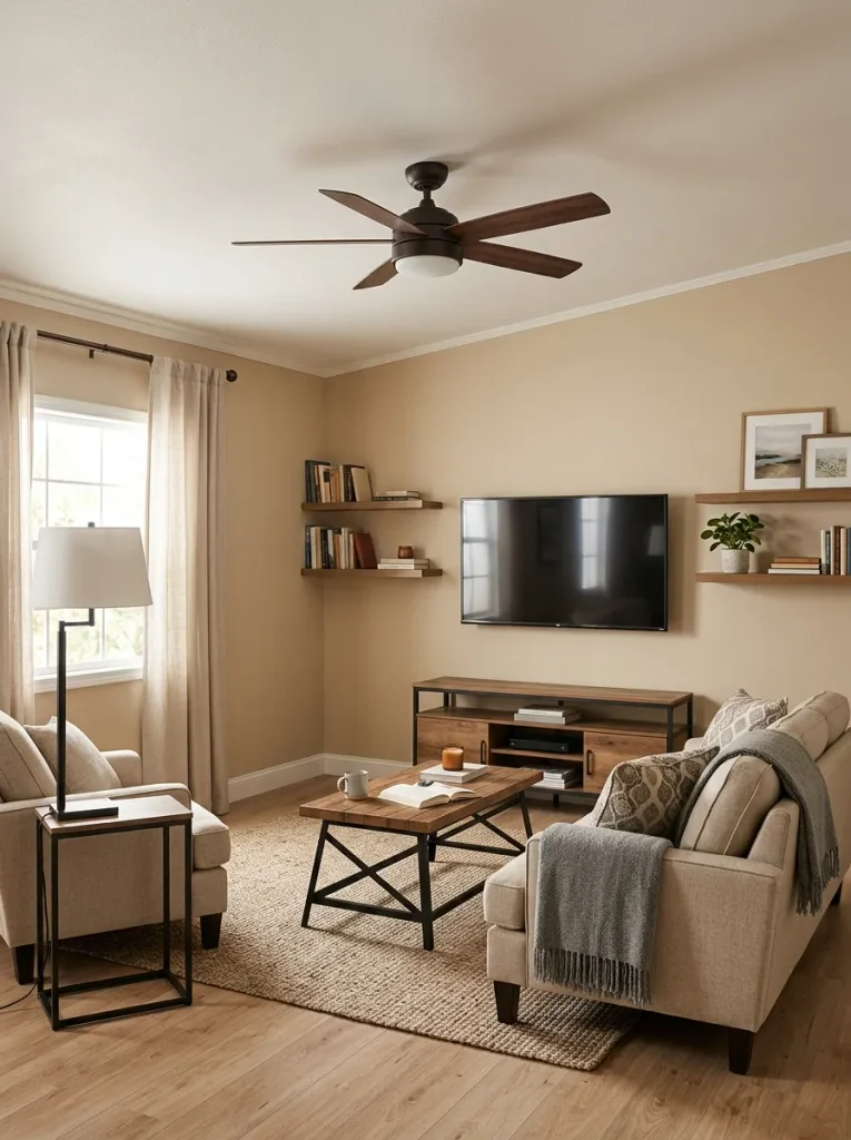 Single-wide living room with a simple dark ceiling fan echoing black furniture details while the seating and TV remain visually dominant.