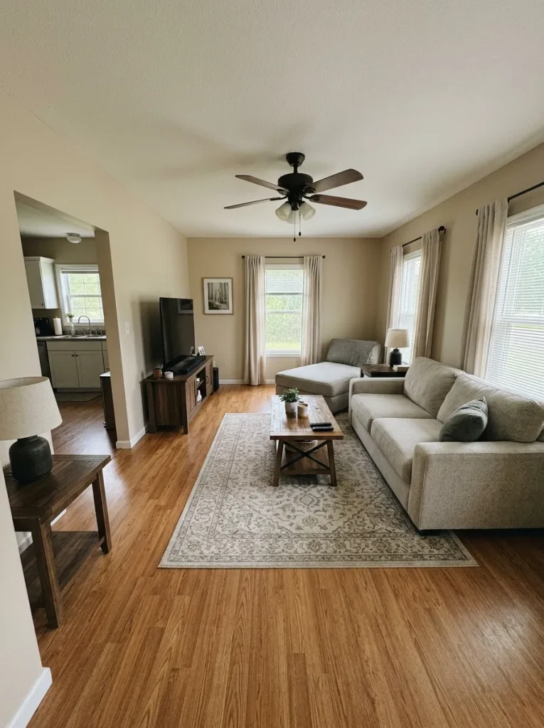 Sectional in a narrow single-wide living room with the chaise placed at the closed end and circulation kept open along the opposite side.