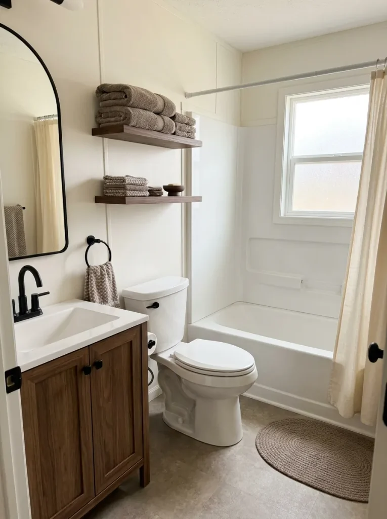 Neutral mobile home bathroom with mushroom towels as the anchor color against ivory textiles and walnut cabinetry.