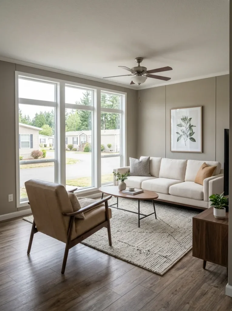 Mobile home living room using a shallow sofa and movable chair to preserve circulation and comfortable conversation.