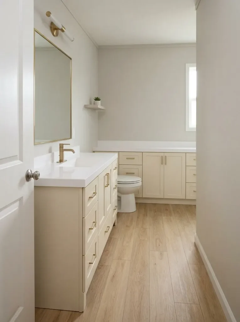 Shallow full-width vanity in a narrow mobile home bathroom leaving more walking space between opposing fixtures.