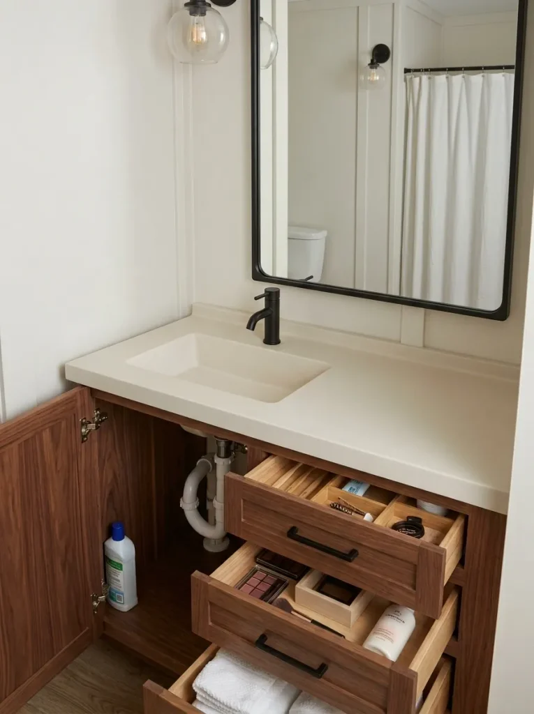 Integrated sink and countertop creating a calm continuous surface above a walnut vanity in a small mobile home bathroom.