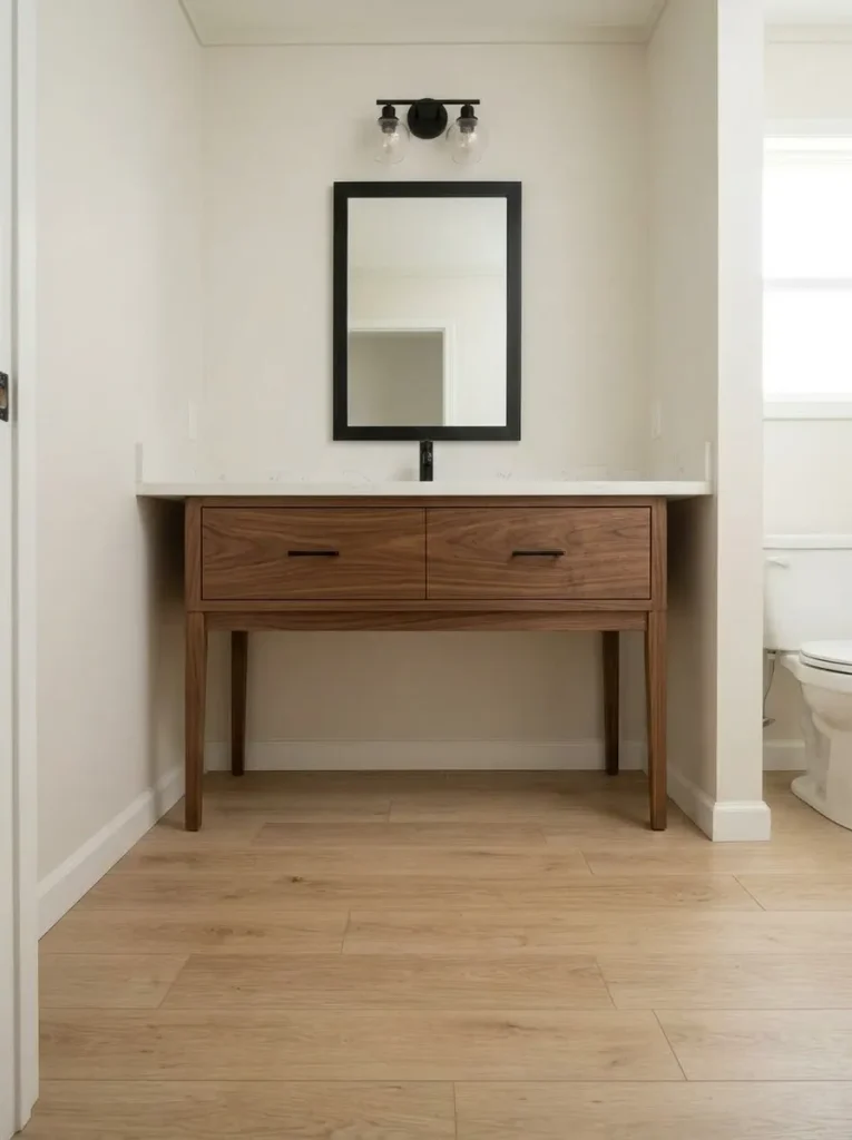 Open-leg walnut vanity revealing more floor in a compact mobile home bathroom.