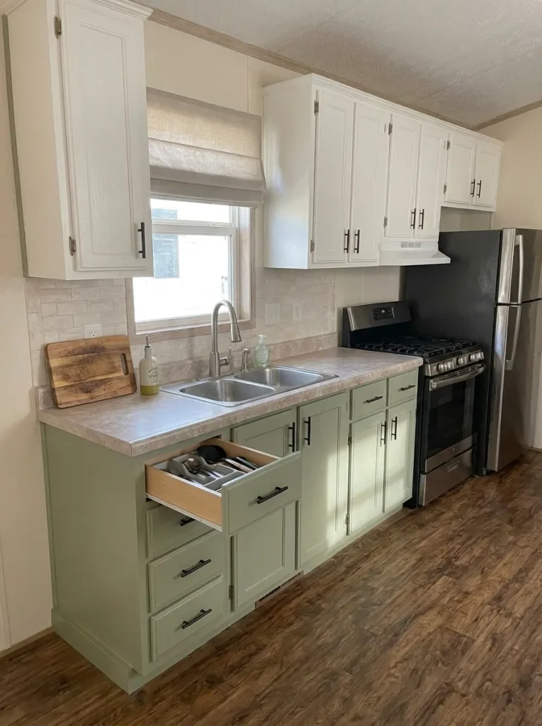Cleared mobile-home kitchen counter with everyday items reassigned to cabinets and drawers already in the room.