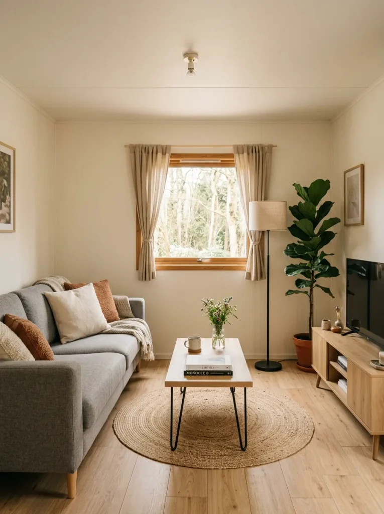 Compact mobile home living room with a tall plant and floor lamp grouped in one corner while other corners stay low.