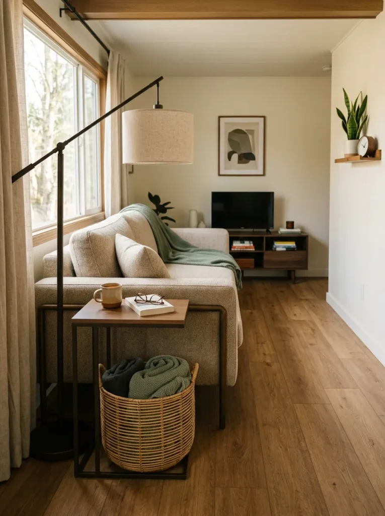 Small mobile home sofa with side table, lamp, and basket tucked into one compact furniture zone.