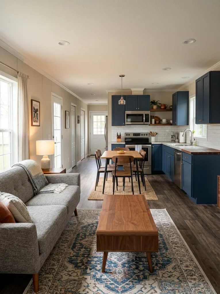 Mobile home living room connected to a kitchen and dining area through a repeated warm wood finish while each zone remains