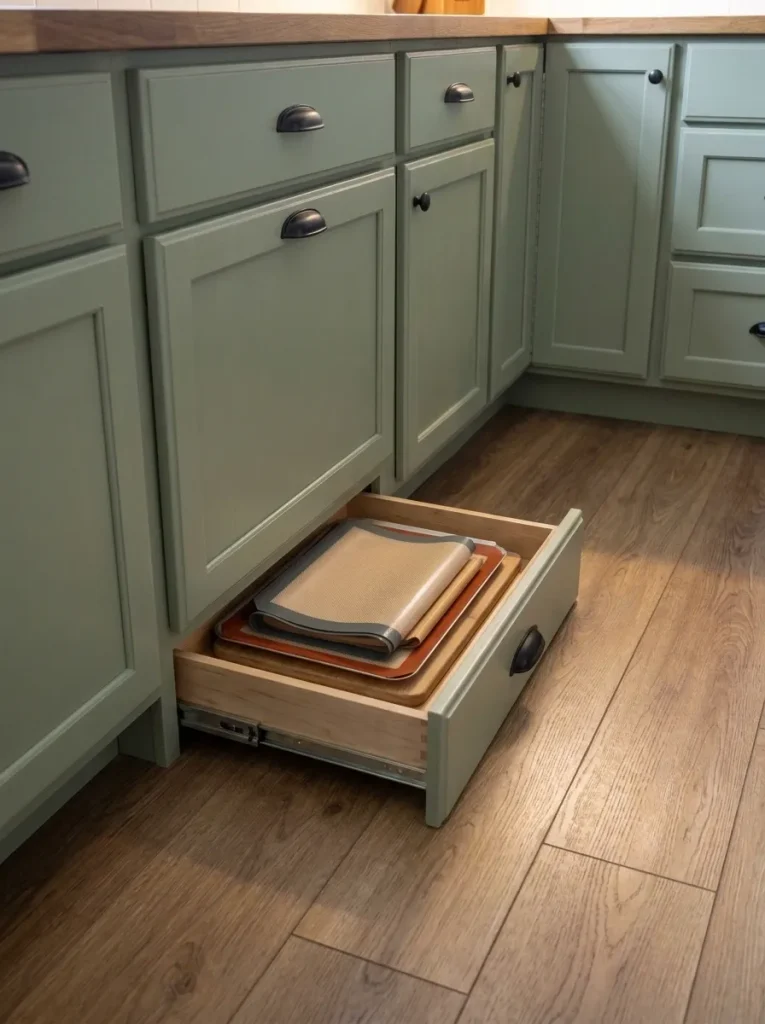 Low toe-kick drawer integrated beneath sage base cabinets in a compact manufactured-home kitchen.