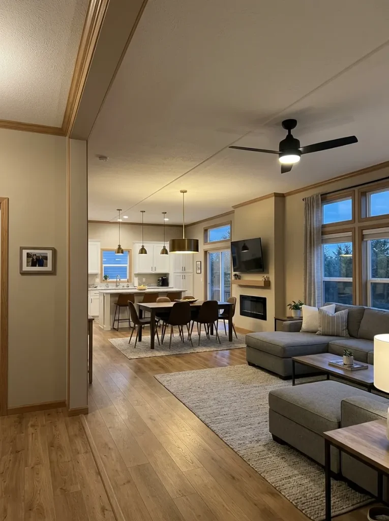 Double wide living and dining space with coordinated modern ceiling fan and lighting.