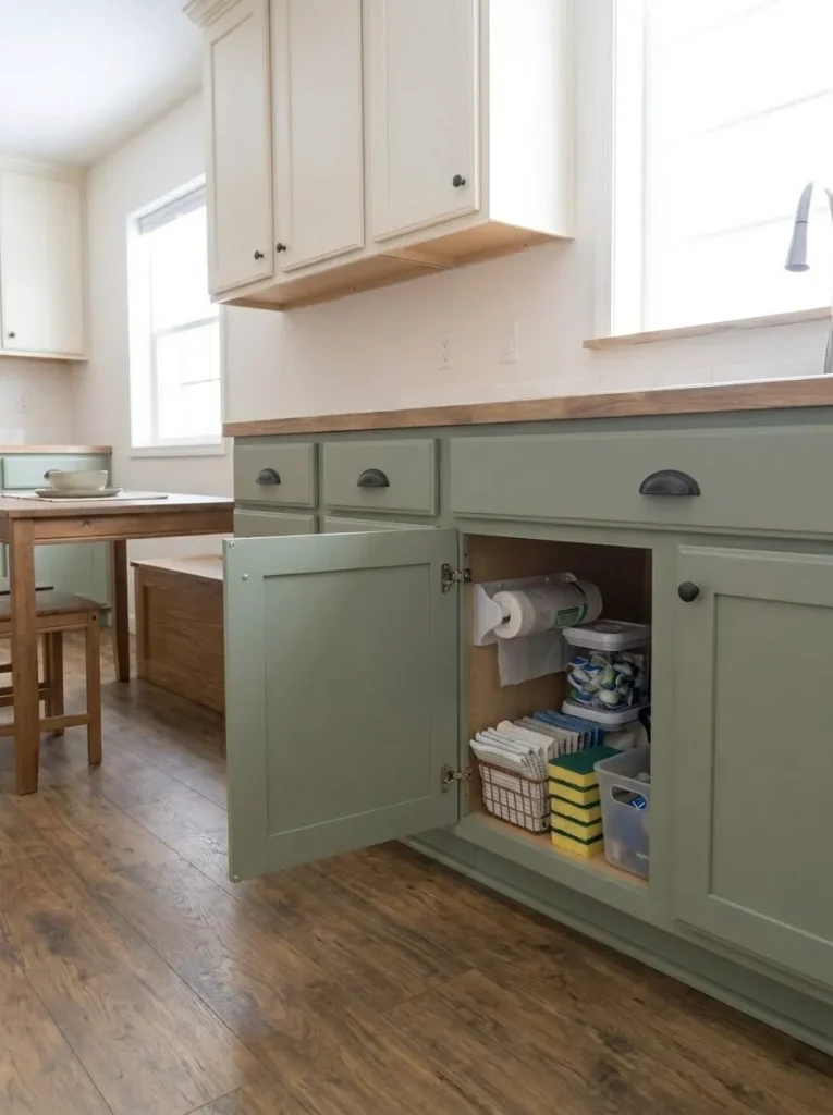Organized service zone inside a lower kitchen cabinet consolidating trash liners, cleaning cloths, and dishwasher supplies.
