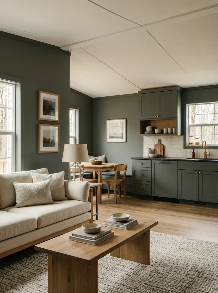 Connected double-wide living and kitchen spaces balancing matte textures with a few controlled reflective accents.