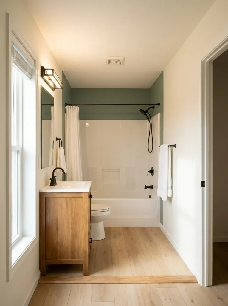 Muted sage wall framing white fixtures and warm wood in a small mobile home bathroom.