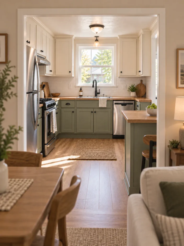 View from the adjoining room into a cream-and-sage mobile home kitchen coordinated with wood flooring, counters and stainless appliances.