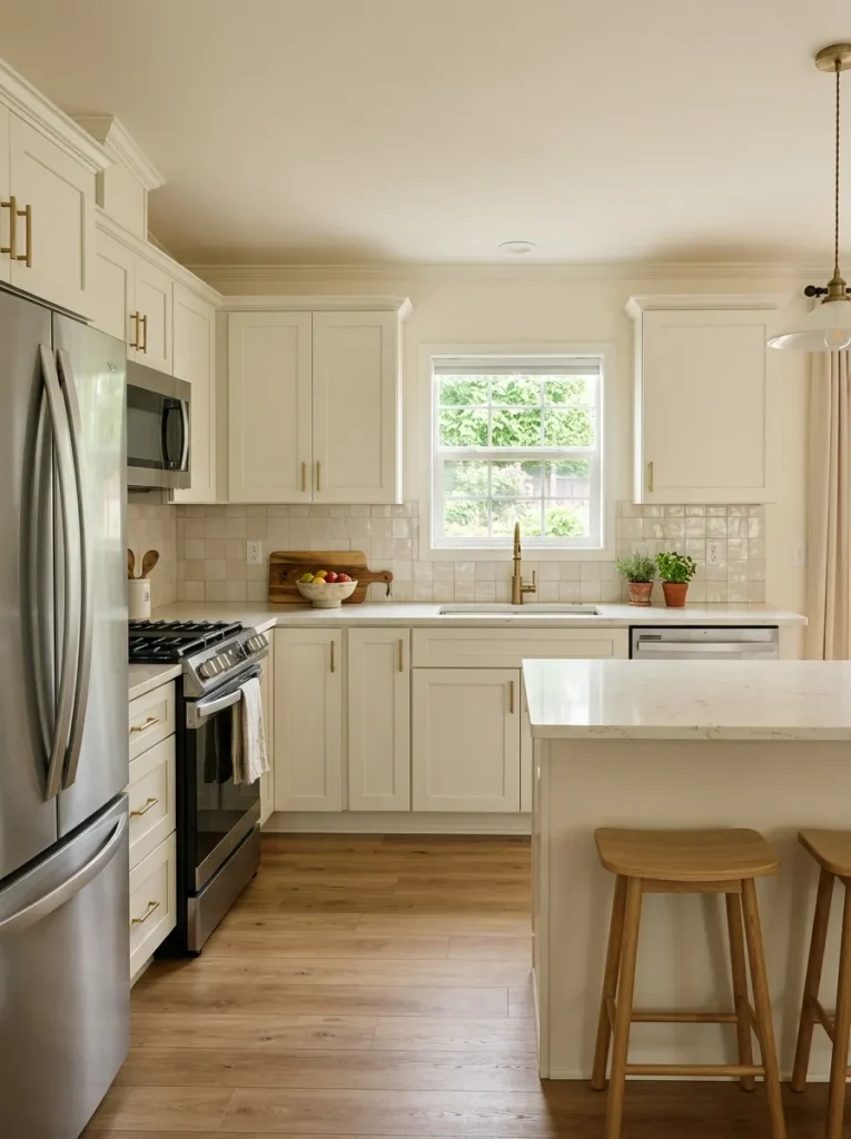 Double wide kitchen with coordinated countertop and backsplash finishes after a makeover.