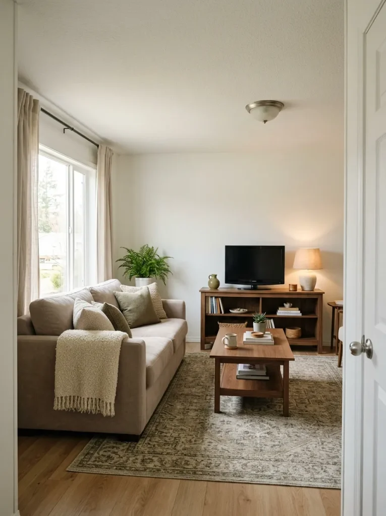 Cozy mobile home living room with warm wood, tactile seating, soft curtains and a clearly defined seating zone.