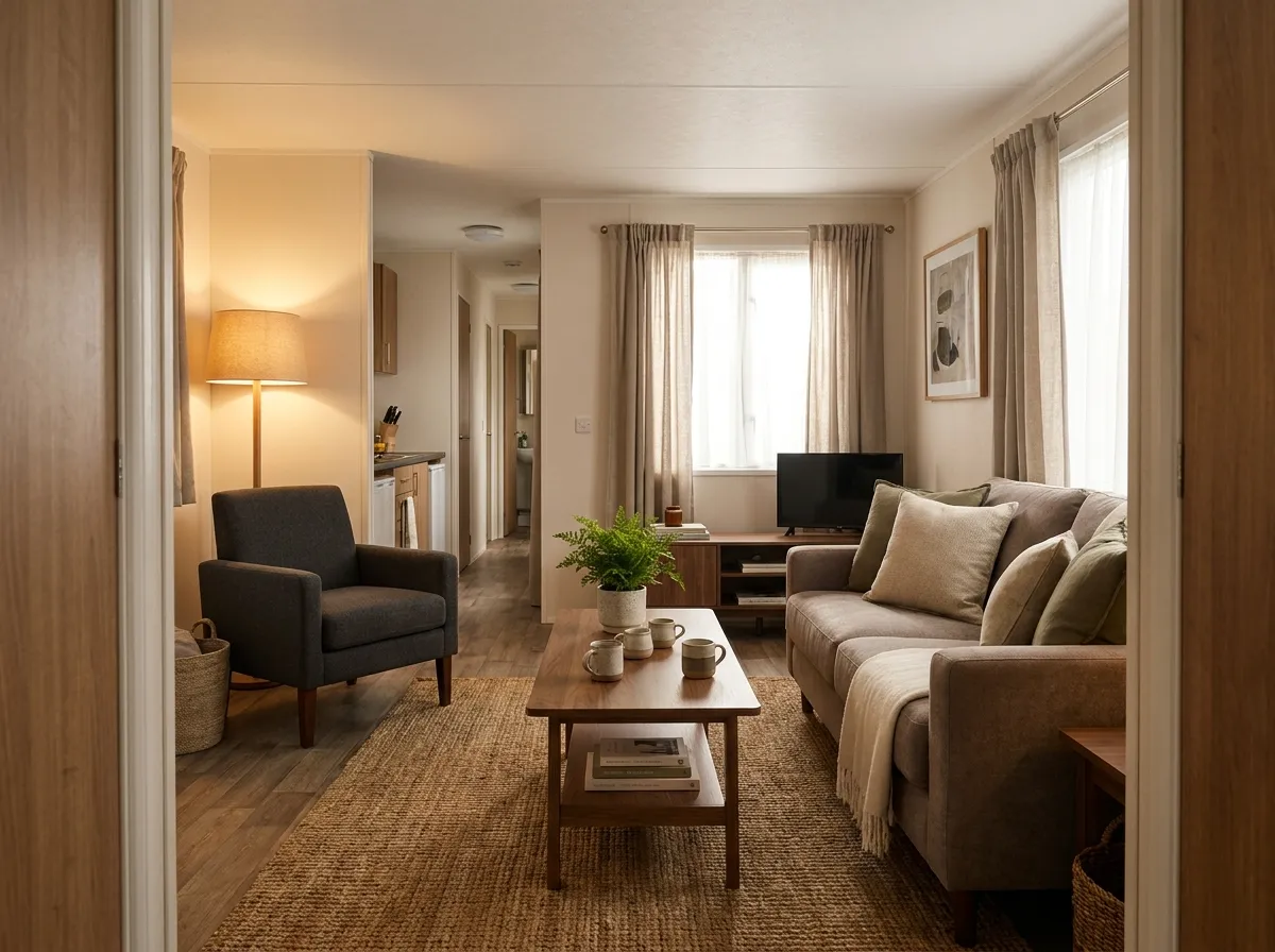 Warm materials, tactile textiles, balanced furniture and softer lighting come together to create a mobile home living room that feels cozy without becoming crowded.