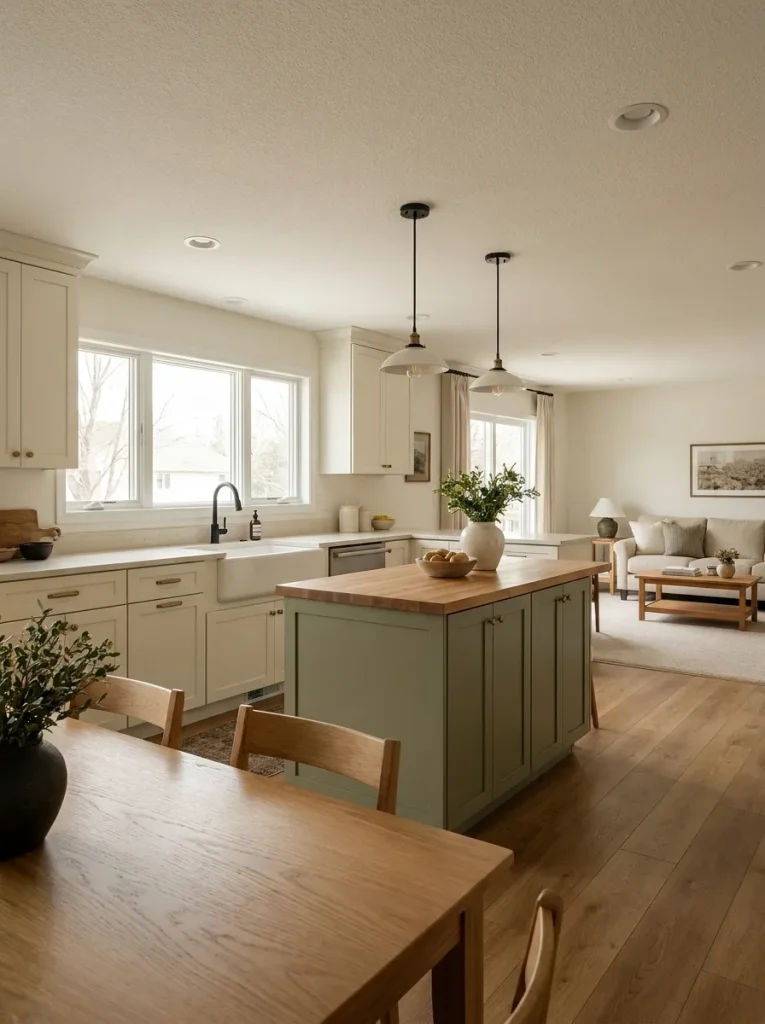 Cream Shaker cabinets with a muted sage-green island and warm oak details in an open double wide kitchen.