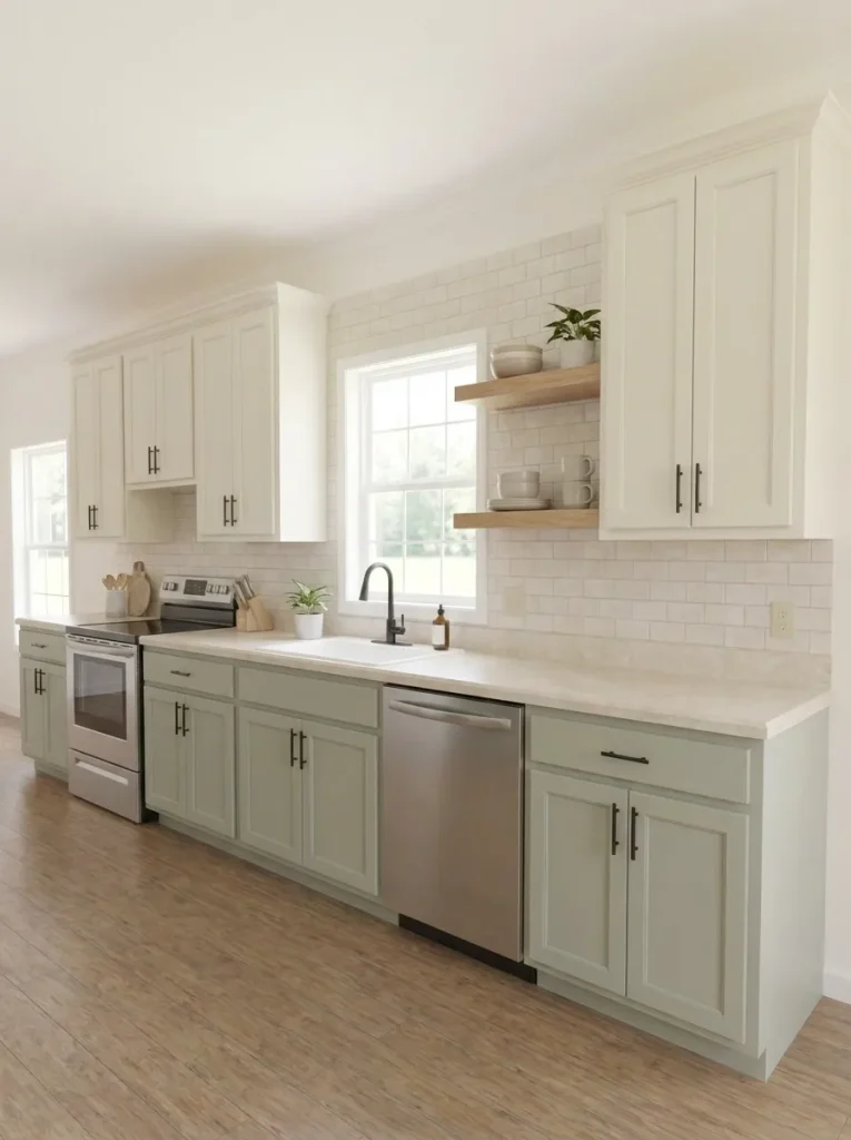 Short open-shelf break interrupting a long run of upper cabinets in a narrow single-wide kitchen.