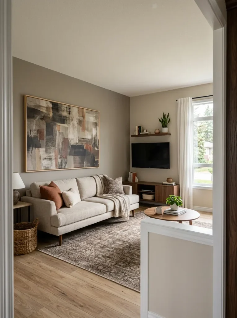 Mobile home living room with one large artwork creating a calm wall composition instead of many small frames.