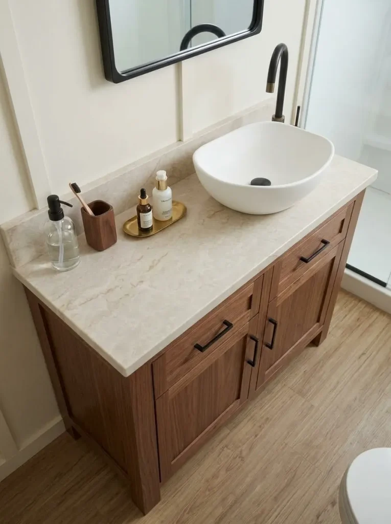 Offset sink creating one useful counter landing zone on a compact mobile home bathroom vanity.