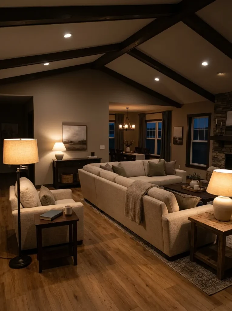 Evening living room with low lamps around the seating area and softly receding edges.