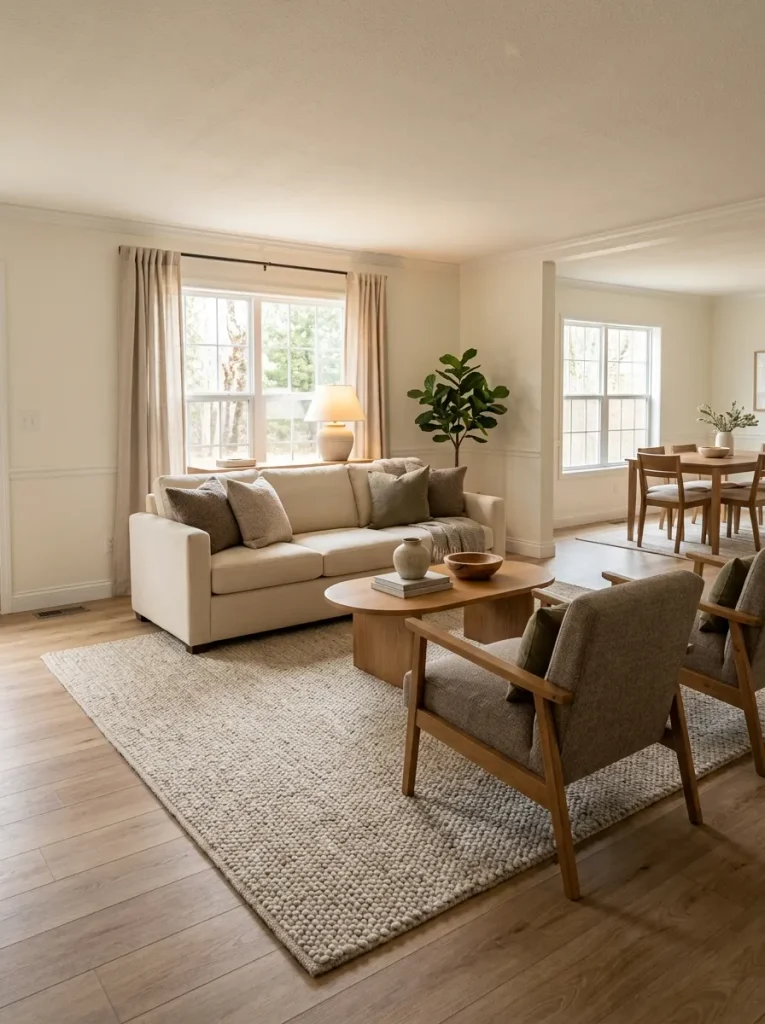 Sofa and chairs gathered into one conversation group with open floor surrounding the seating zone.