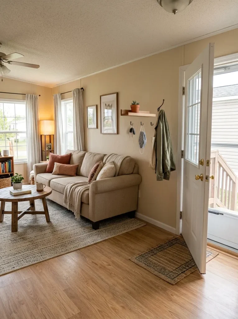 Front-door mobile home living room with a slim rug and shallow entry surface creating a small arrival zone without blocking the ro