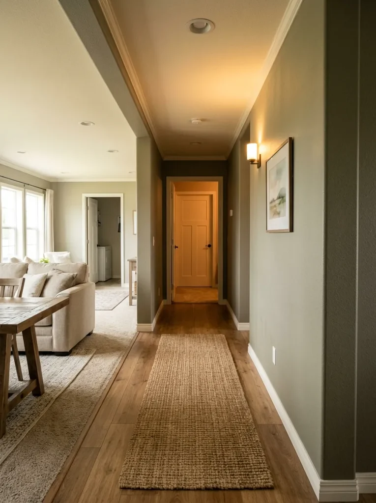 Long transition passage with a runner and softer lighting leading from the living area toward bedrooms.
