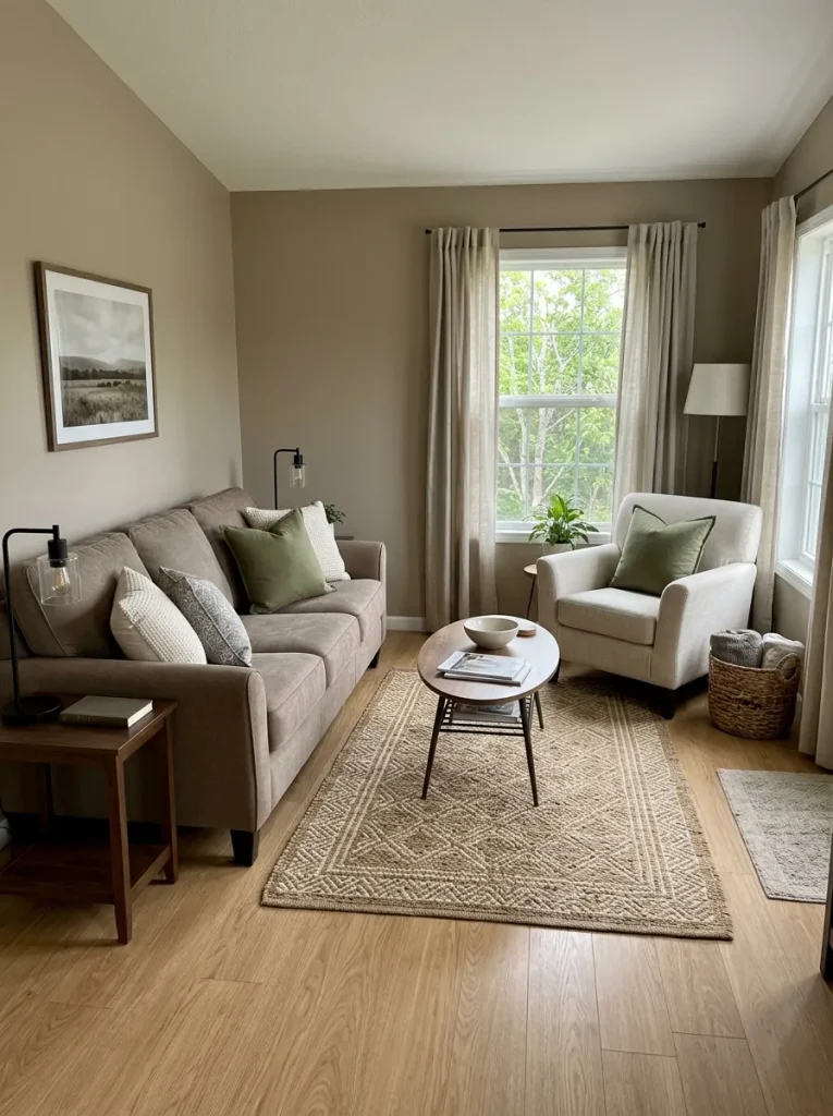Sofa and opposite chair connected by one repeated muted textile color across a narrow single-wide living room.