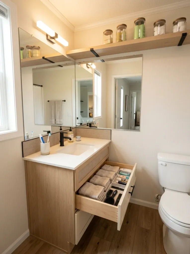 Compact mobile home bathroom with daily toiletries near the vanity and backup supplies stored higher on the wall.