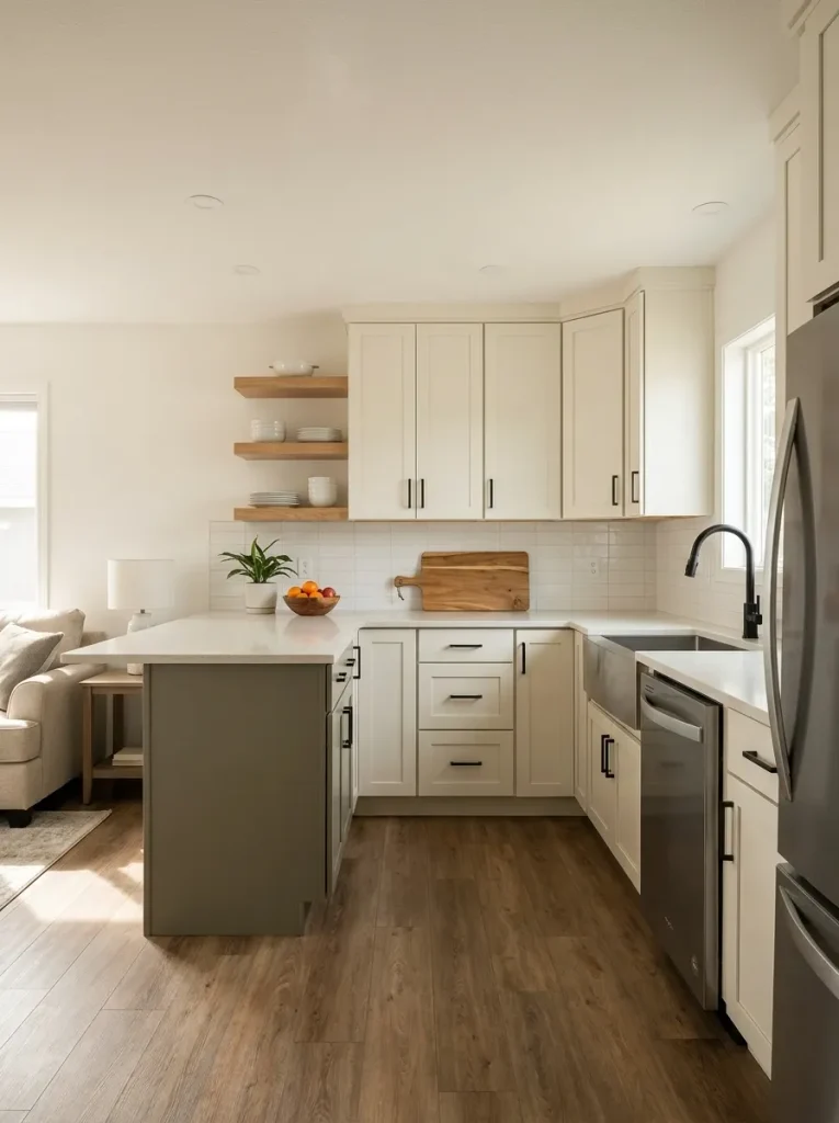 Completed fresh mobile home kitchen in daylight with clear counters, warm neutral finishes, muted green cabinetry, and intentional negat