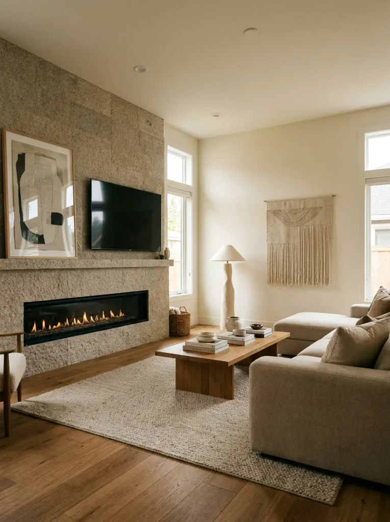 Mobile home living room with a strong focal wall beside a deliberately quiet wall with minimal decoration.