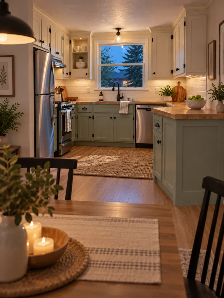 Finished cream-and-sage mobile home kitchen viewed from the dining area at blue hour under both daylight and warm interior lighting.