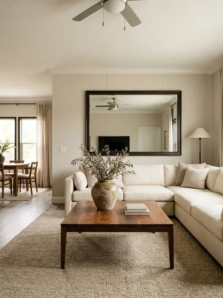 Double-wide living room using oversized forms, warm natural materials and dark contrast to create a more luxurious look.