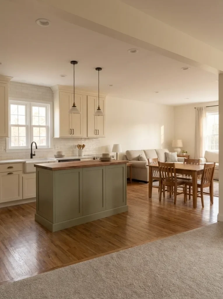 Clean transition from warm oak kitchen flooring to light greige living-room carpet in an open double wide.