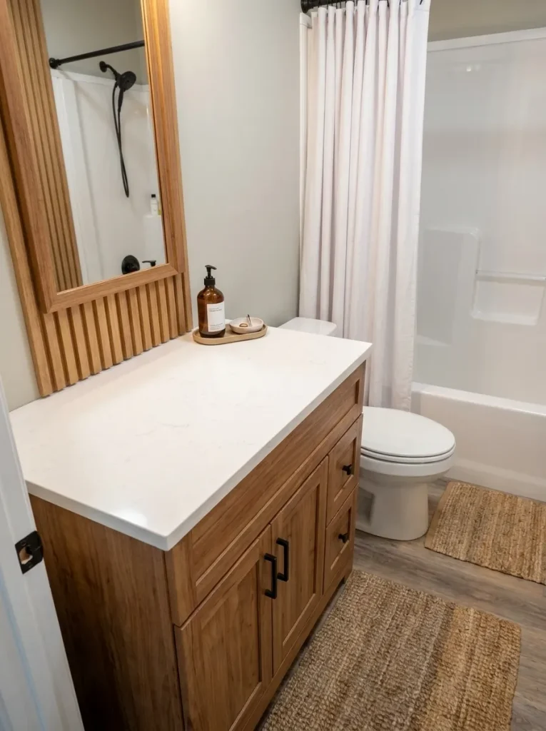 Mostly clear vanity counter with one small daily-use grouping in a mobile home bathroom.