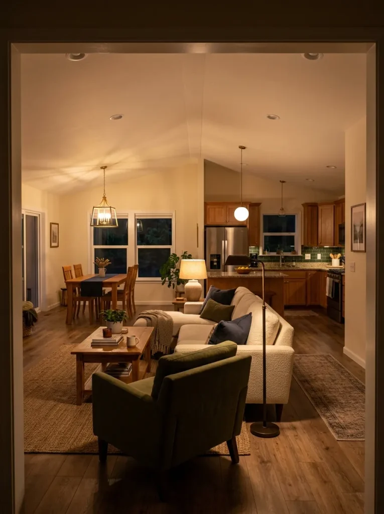 Double-wide interior at night with a warmly lit seating zone and quieter surrounding areas.