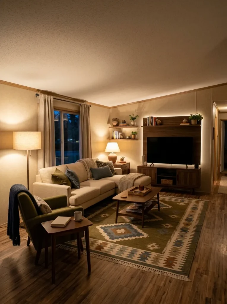 Mobile home living room at night with layered floor and table lighting creating several comfortable pools of light.