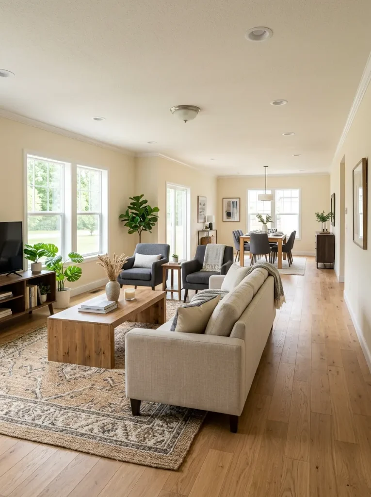 Wide double-wide living room showing stretched seating, exposed furniture, hard flooring, and flat lighting.