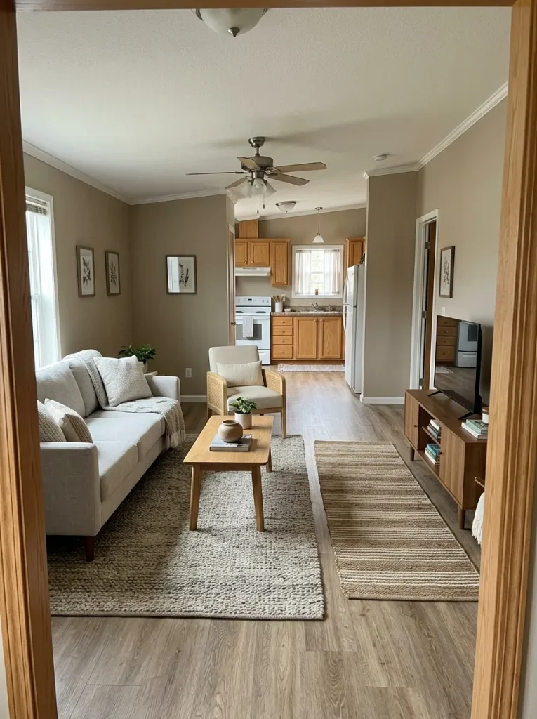 Long single-wide mobile home living room with a clear walkway connecting the front entry to the kitchen.
