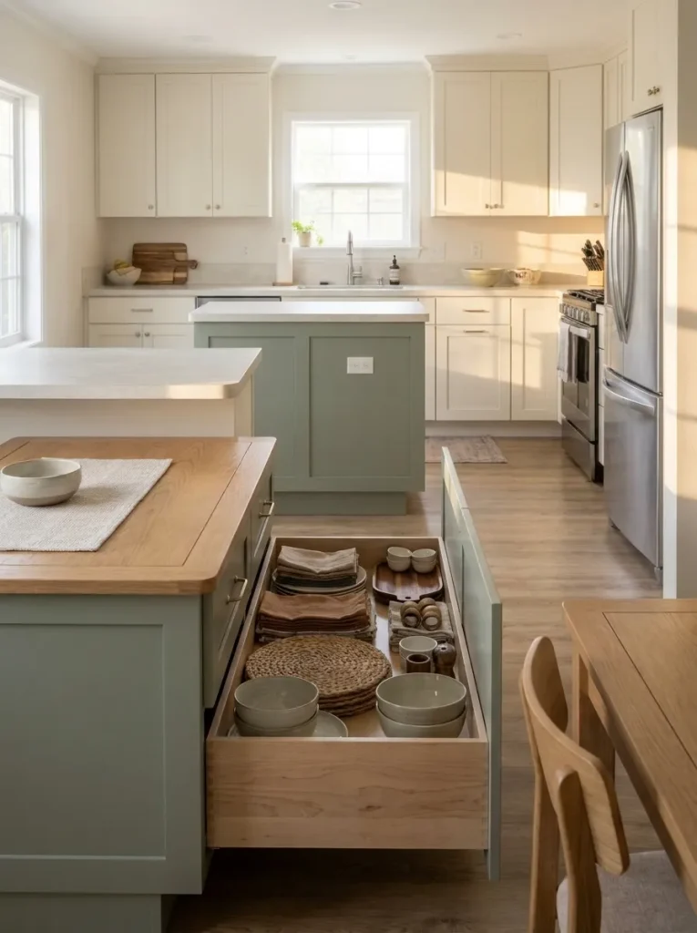 Dining-side island storage holding napkins, placemats and serving dishes beside an oak dining table.