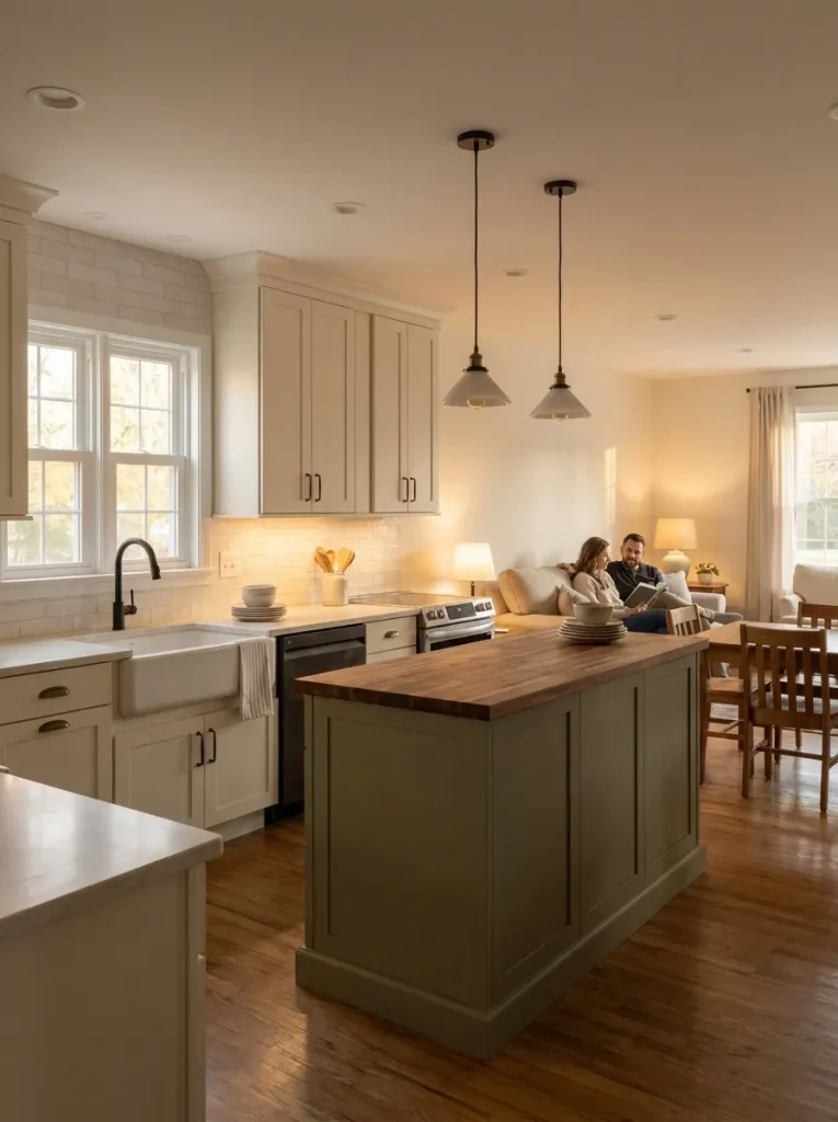 Dishwasher located within the same open space as a nearby living-room sofa in a double wide.