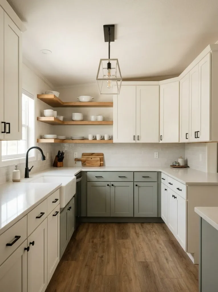 Warm modern mobile home kitchen with shaker cabinets, muted sage accents, practical wood shelves, apron sink, and restrained black har