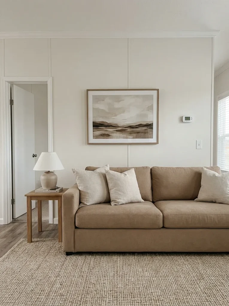 Mobile home sofa wall with one large artwork surrounded by generous empty space and restrained nearby décor.